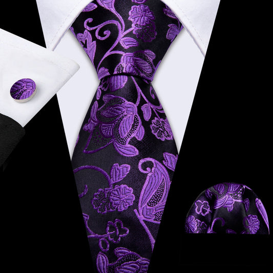 Purple Black Floral Silk Tie, Pocket Square and Cufflinks Set tie sets    - Sophisticated Gentlemen