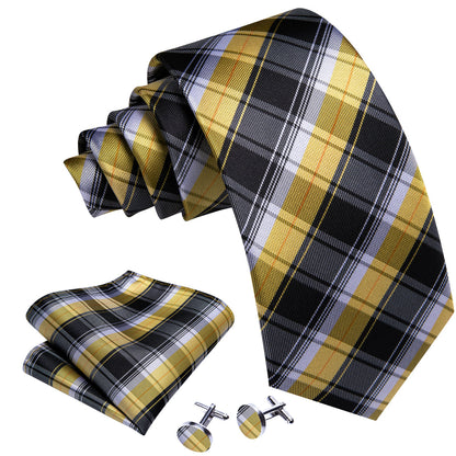 Black Yellow Checkered Silk Tie, Pocket Square and Cufflinks Set tie sets    - Sophisticated Gentlemen