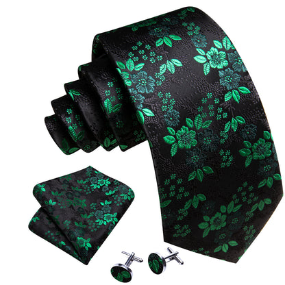 Green Black Floral Silk Tie, Pocket Square and Cufflinks Set tie sets    - Sophisticated Gentlemen
