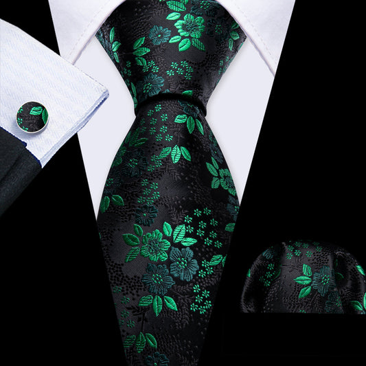Green Black Floral Silk Tie, Pocket Square and Cufflinks Set tie sets    - Sophisticated Gentlemen