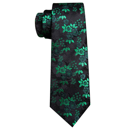 Green Black Floral Silk Tie, Pocket Square and Cufflinks Set tie sets    - Sophisticated Gentlemen