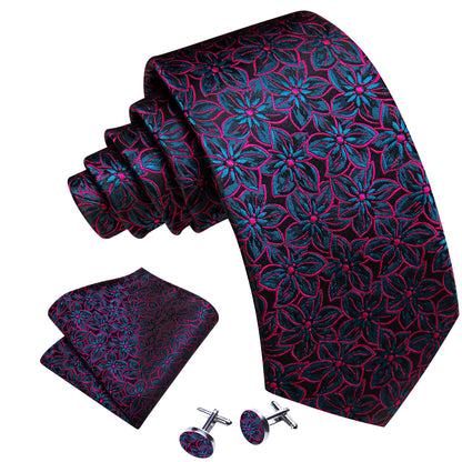 Black Floral Red Blue Silk Tie, Pocket Square and Cufflinks Set tie sets    - Sophisticated Gentlemen