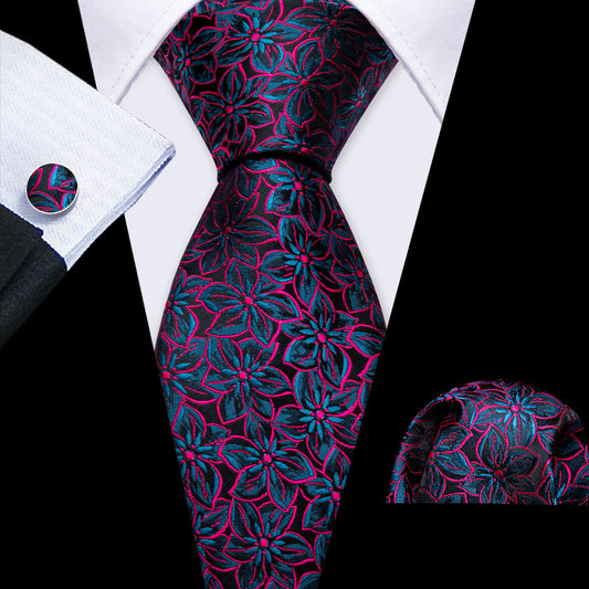 Black Floral Red Blue Silk Tie, Pocket Square and Cufflinks Set tie sets    - Sophisticated Gentlemen