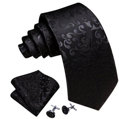 Luxury Black Floral Silk Tie, Pocket Square and Cufflinks Set tie sets    - Sophisticated Gentlemen