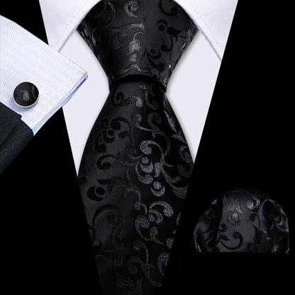 Luxury Black Floral Silk Tie, Pocket Square and Cufflinks Set tie sets    - Sophisticated Gentlemen
