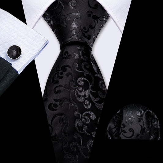 Luxury Black Floral Silk Tie, Pocket Square and Cufflinks Set tie sets    - Sophisticated Gentlemen