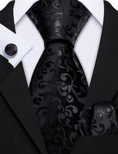 Luxury Black Floral Silk Tie, Pocket Square and Cufflinks Set tie sets    - Sophisticated Gentlemen
