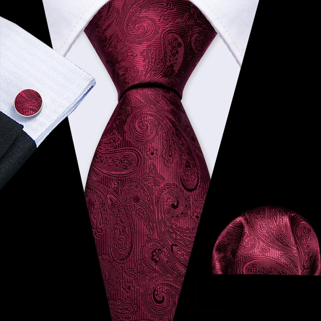 Burgundy Paisley Silk Tie, Pocket Square and Cufflinks Set tie sets    - Sophisticated Gentlemen