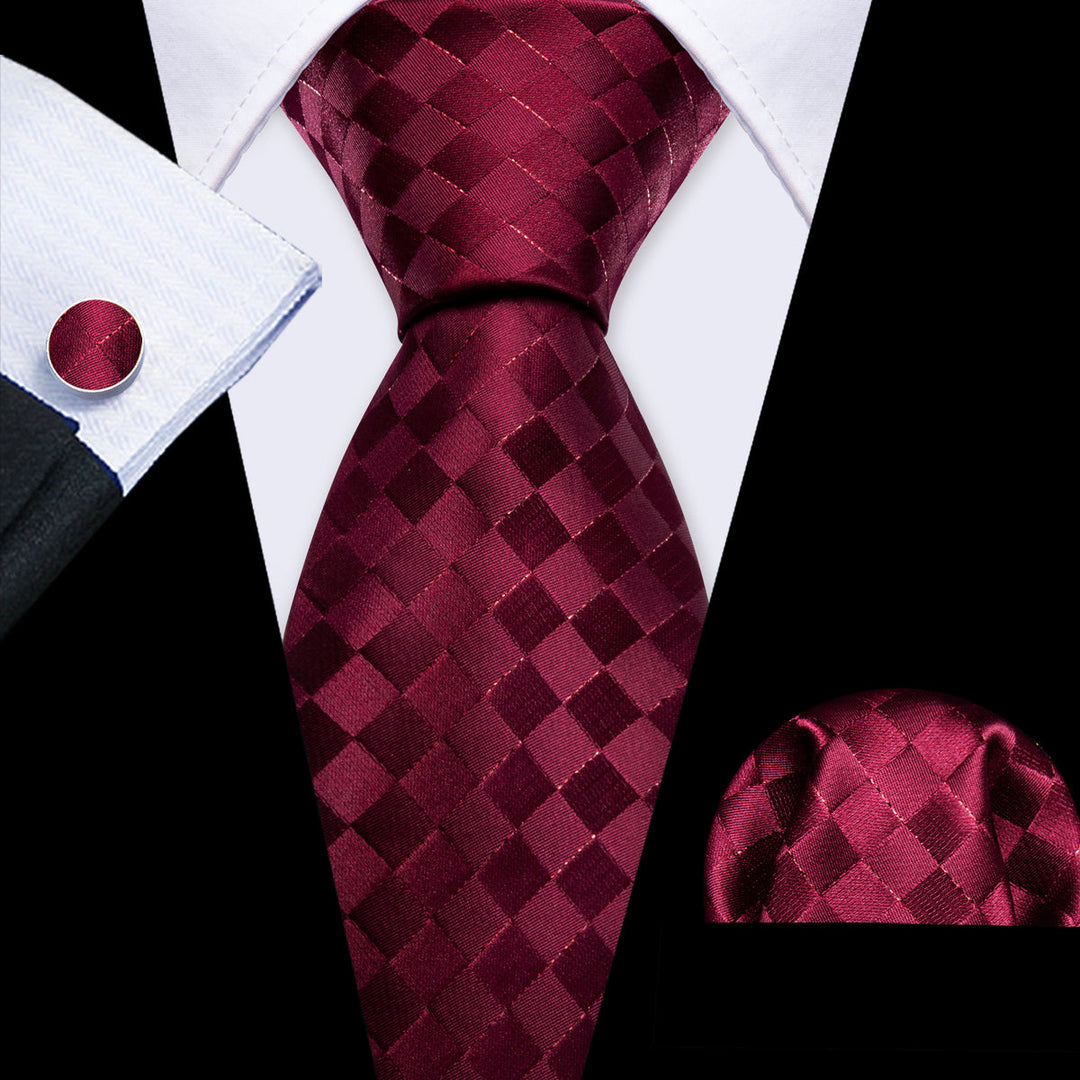 Burgundy Plaid Silk Tie, Pocket Square and Cufflinks Set tie sets    - Sophisticated Gentlemen