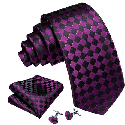 Dark Purple Black Plaid Silk Tie, Pocket Square and Cufflinks Set tie sets    - Sophisticated Gentlemen