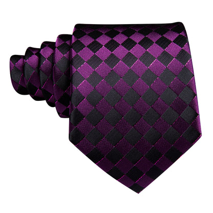 Dark Purple Black Plaid Silk Tie, Pocket Square and Cufflinks Set tie sets    - Sophisticated Gentlemen