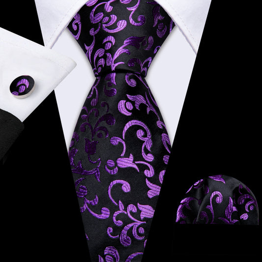 Black Purple Floral Tie, Pocket Square and Cufflinks Set tie sets    - Sophisticated Gentlemen