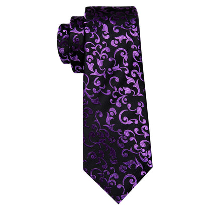 Black Purple Floral Tie, Pocket Square and Cufflinks Set tie sets    - Sophisticated Gentlemen