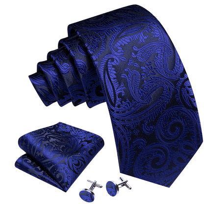 Blue Black Paisley Silk Tie, Pocket Square and Cufflinks Set tie sets    - Sophisticated Gentlemen