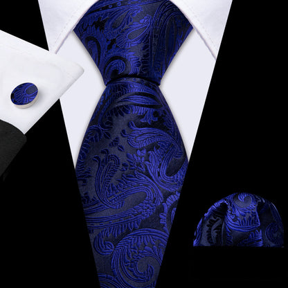 Blue Black Paisley Silk Tie, Pocket Square and Cufflinks Set tie sets    - Sophisticated Gentlemen