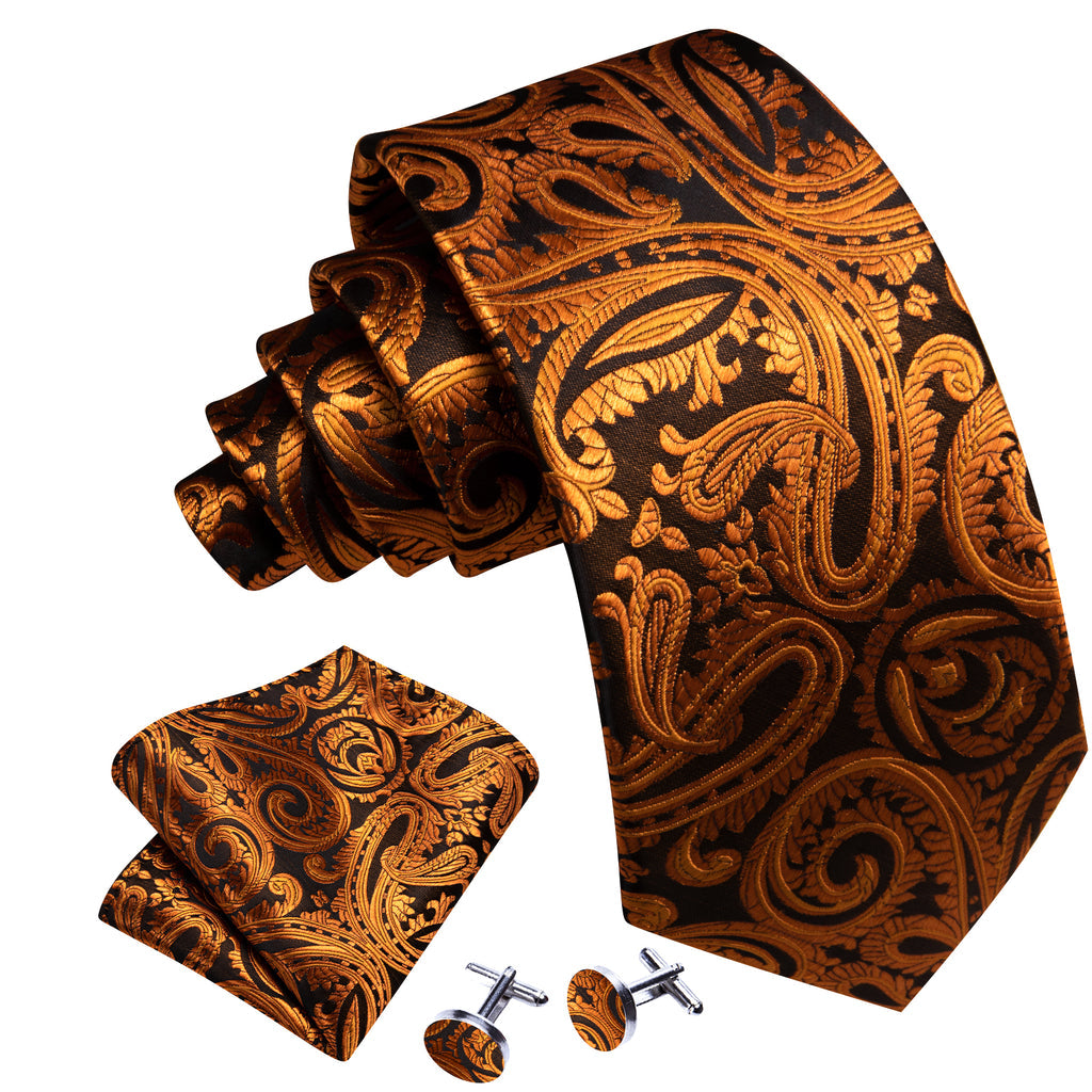 Brown Black Paisley Silk Tie, Pocket Square and Cufflinks Set tie sets    - Sophisticated Gentlemen