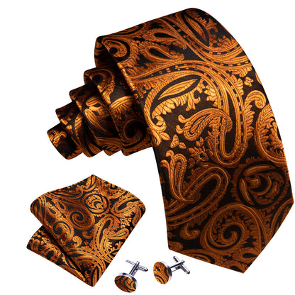 Brown Black Paisley Silk Tie, Pocket Square and Cufflinks Set tie sets    - Sophisticated Gentlemen