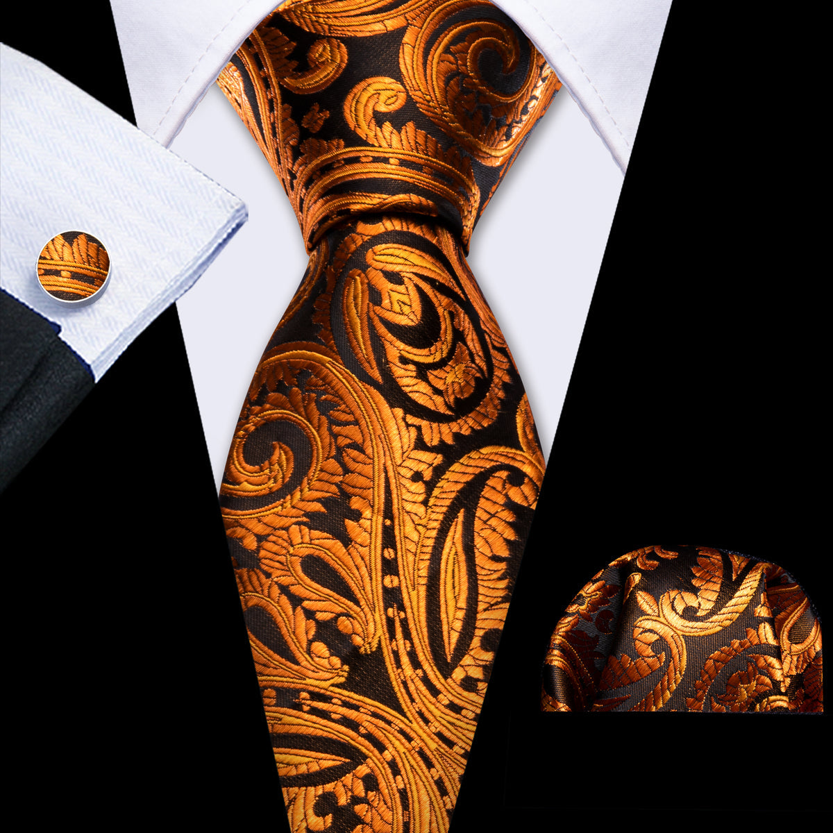 Brown Black Paisley Silk Tie, Pocket Square and Cufflinks Set tie sets    - Sophisticated Gentlemen