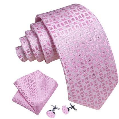 Pink Novetly Plaid Silk Tie, Pocket Square and Cufflinks Set tie sets    - Sophisticated Gentlemen