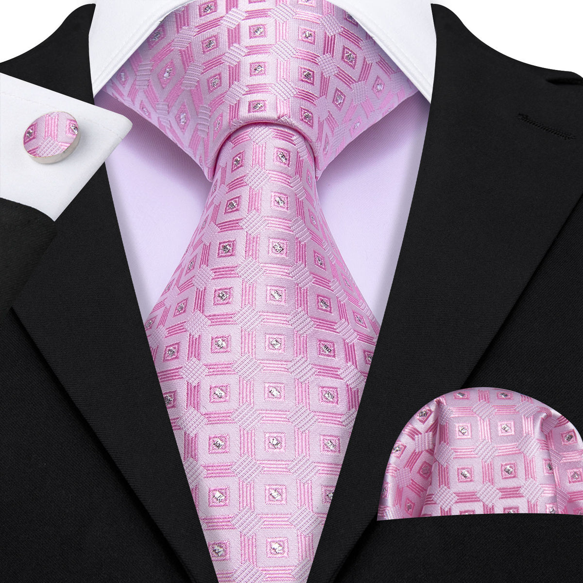 Pink Novetly Plaid Silk Tie, Pocket Square and Cufflinks Set tie sets    - Sophisticated Gentlemen
