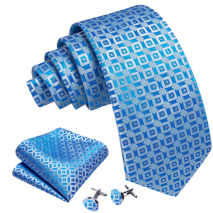 Light Blue Plaid Silk Tie, Pocket Square and Cufflinks Set tie sets    - Sophisticated Gentlemen