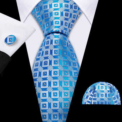 Light Blue Plaid Silk Tie, Pocket Square and Cufflinks Set tie sets    - Sophisticated Gentlemen