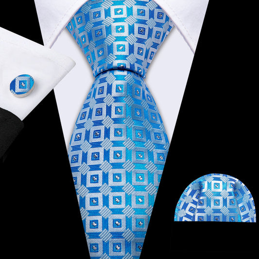 Light Blue Plaid Silk Tie, Pocket Square and Cufflinks Set tie sets    - Sophisticated Gentlemen