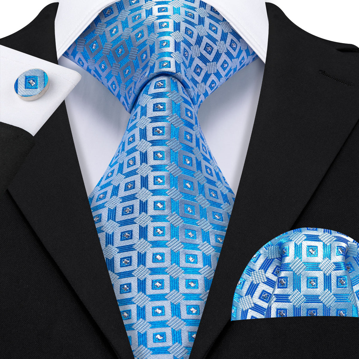 Light Blue Plaid Silk Tie, Pocket Square and Cufflinks Set tie sets    - Sophisticated Gentlemen