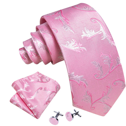 Pink White Floral Silk Tie, Pocket Square and Cufflinks Set tie sets    - Sophisticated Gentlemen
