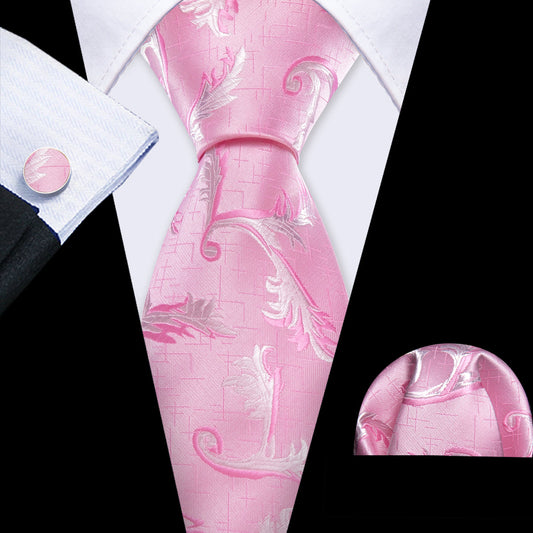 Pink White Floral Silk Tie, Pocket Square and Cufflinks Set tie sets    - Sophisticated Gentlemen