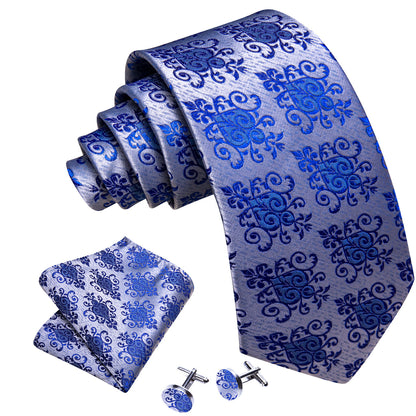 Blue Silver Floral Silk Tie, Pocket Square and Cufflinks Set tie sets    - Sophisticated Gentlemen