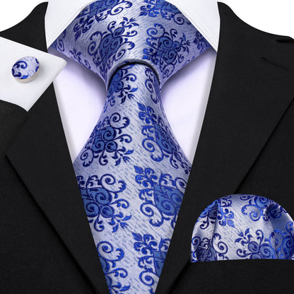 Blue Silver Floral Silk Tie, Pocket Square and Cufflinks Set tie sets    - Sophisticated Gentlemen