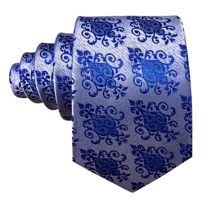Blue Silver Floral Silk Tie, Pocket Square and Cufflinks Set tie sets    - Sophisticated Gentlemen