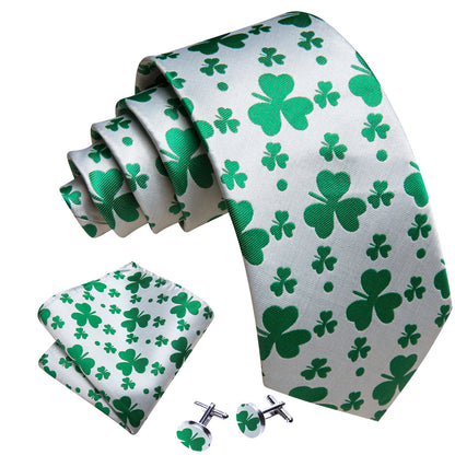 White Green Clover Silk Tie, Pocket Square and Cufflinks Set tie sets    - Sophisticated Gentlemen