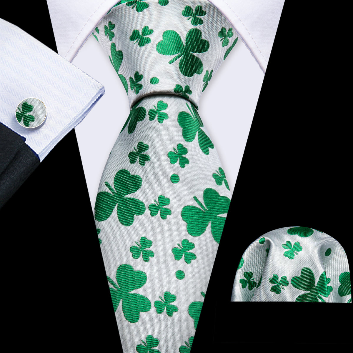 White Green Clover Silk Tie, Pocket Square and Cufflinks Set tie sets    - Sophisticated Gentlemen