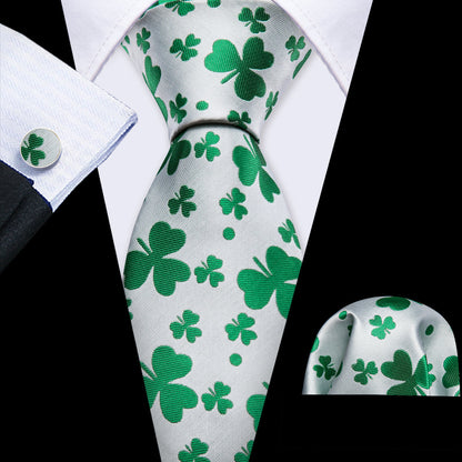 White Green Clover Silk Tie, Pocket Square and Cufflinks Set tie sets    - Sophisticated Gentlemen