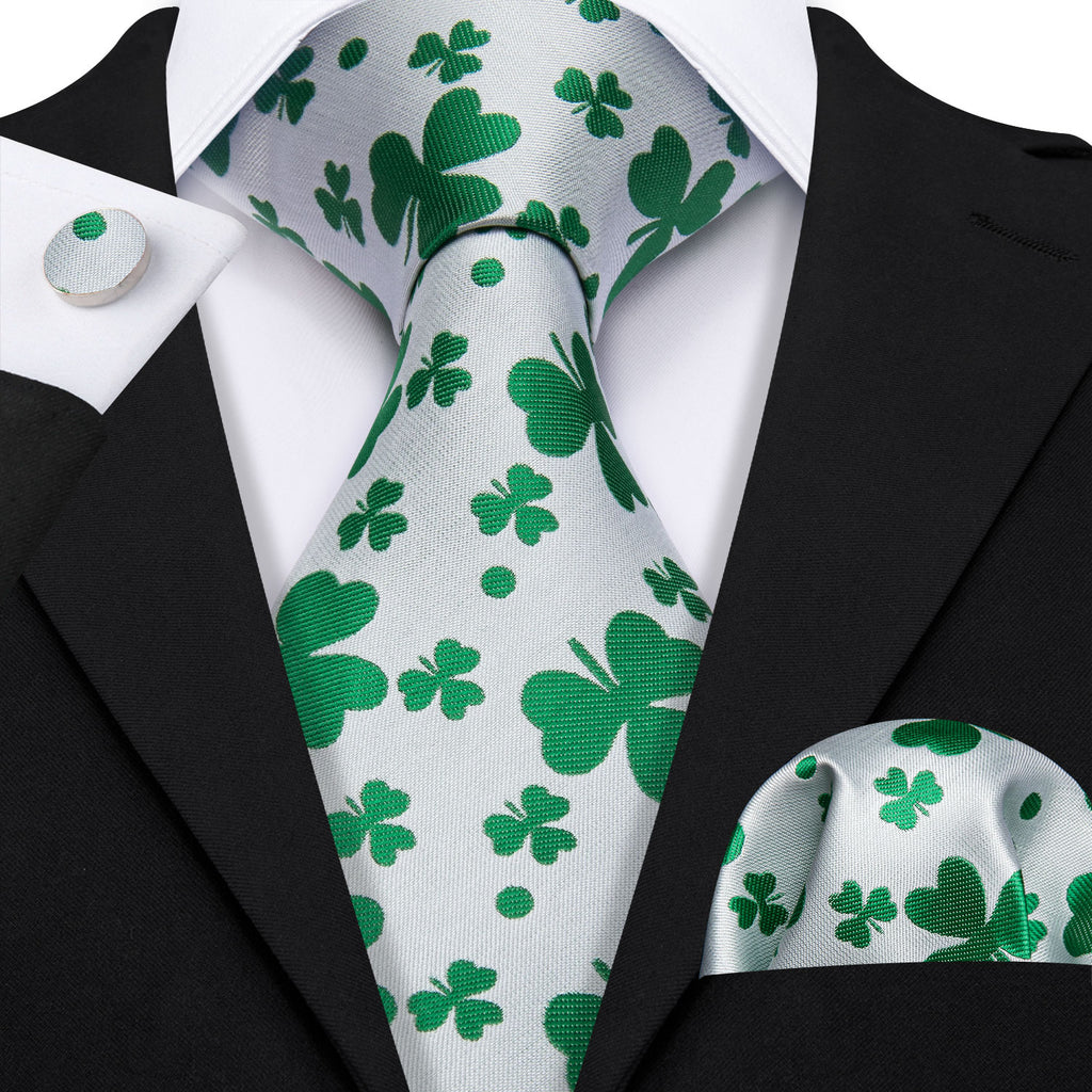 White Green Clover Silk Tie, Pocket Square and Cufflinks Set tie sets    - Sophisticated Gentlemen