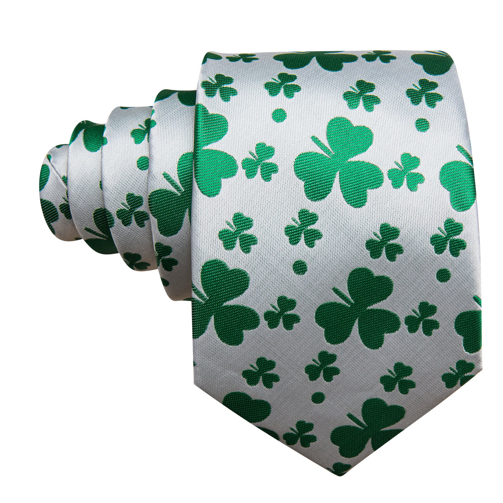 White Green Clover Silk Tie, Pocket Square and Cufflinks Set tie sets    - Sophisticated Gentlemen