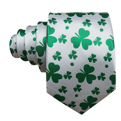 White Green Clover Silk Tie, Pocket Square and Cufflinks Set tie sets    - Sophisticated Gentlemen