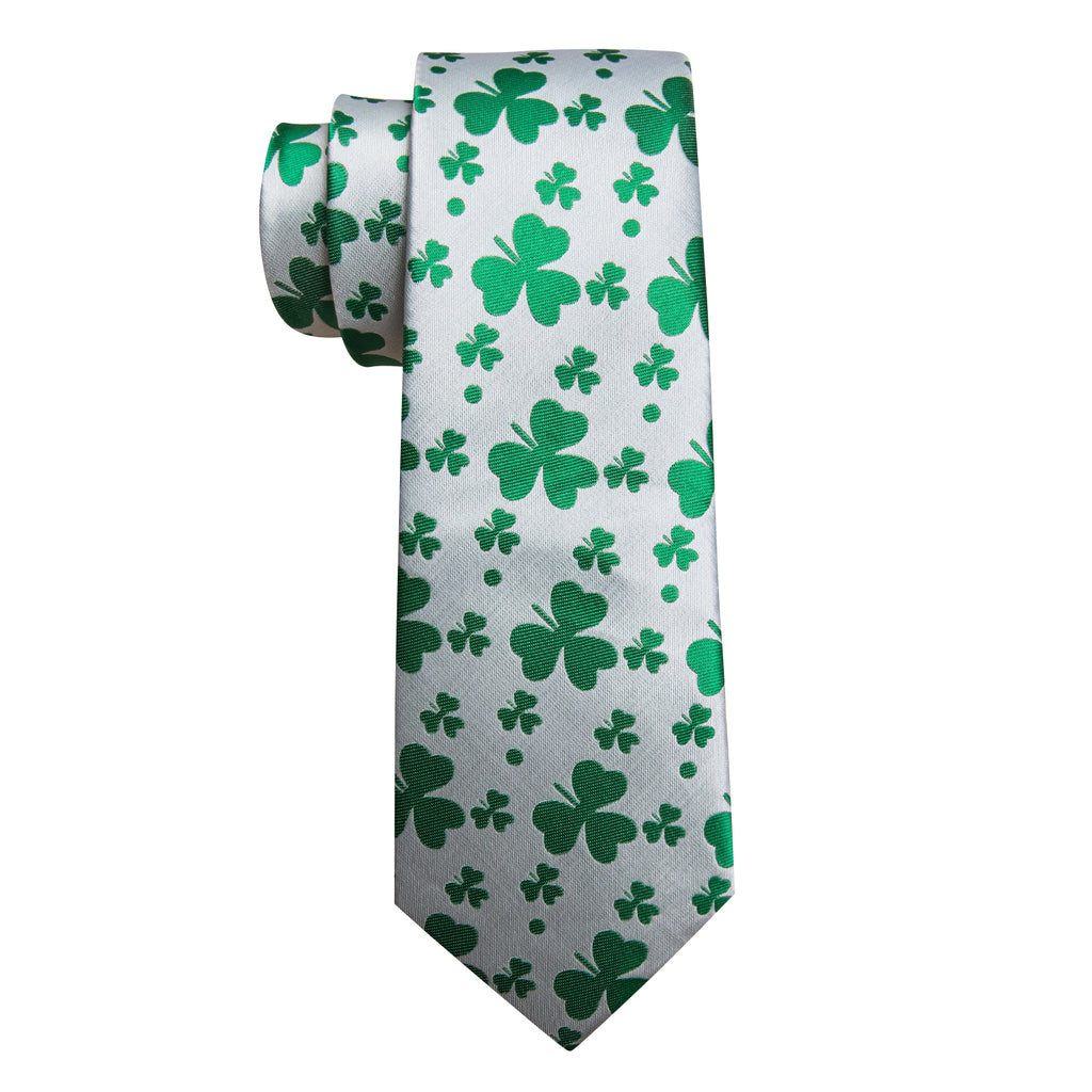 White Green Clover Silk Tie, Pocket Square and Cufflinks Set tie sets    - Sophisticated Gentlemen