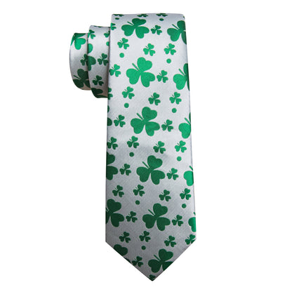 White Green Clover Silk Tie, Pocket Square and Cufflinks Set tie sets    - Sophisticated Gentlemen