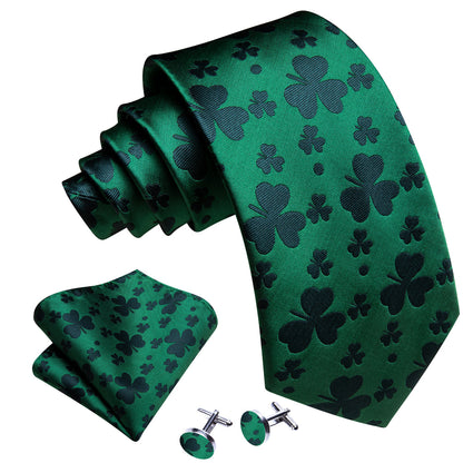Green Clover Silk Tie, Pocket Square and Cufflinks Set tie sets    - Sophisticated Gentlemen