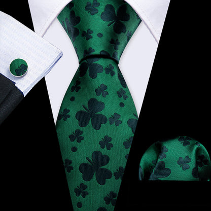 Green Clover Silk Tie, Pocket Square and Cufflinks Set tie sets    - Sophisticated Gentlemen