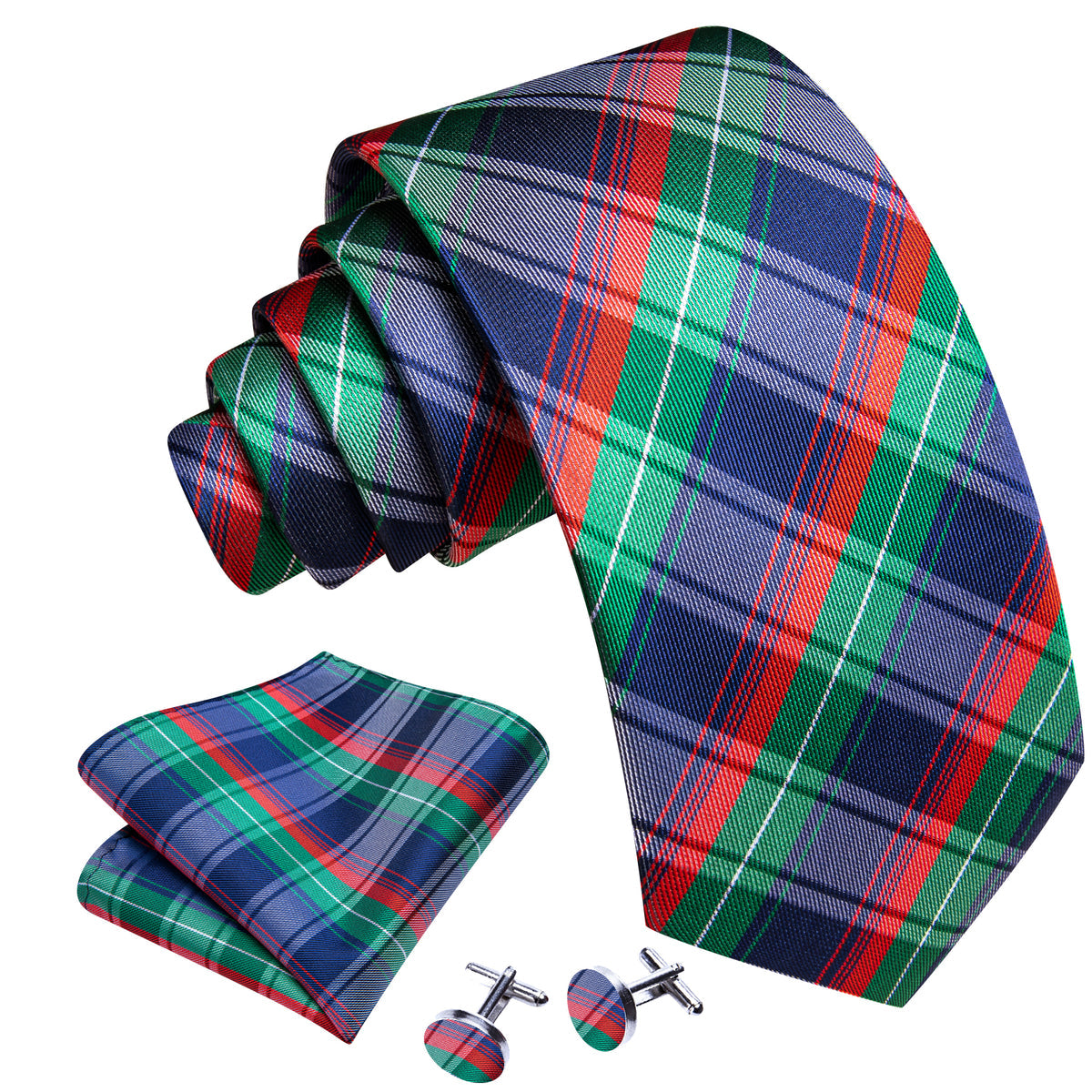 Blue Red Green Classy Plaid Tie, Pocket Square and Cufflinks Set tie sets    - Sophisticated Gentlemen