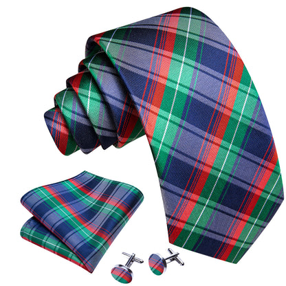 Blue Red Green Classy Plaid Tie, Pocket Square and Cufflinks Set tie sets    - Sophisticated Gentlemen