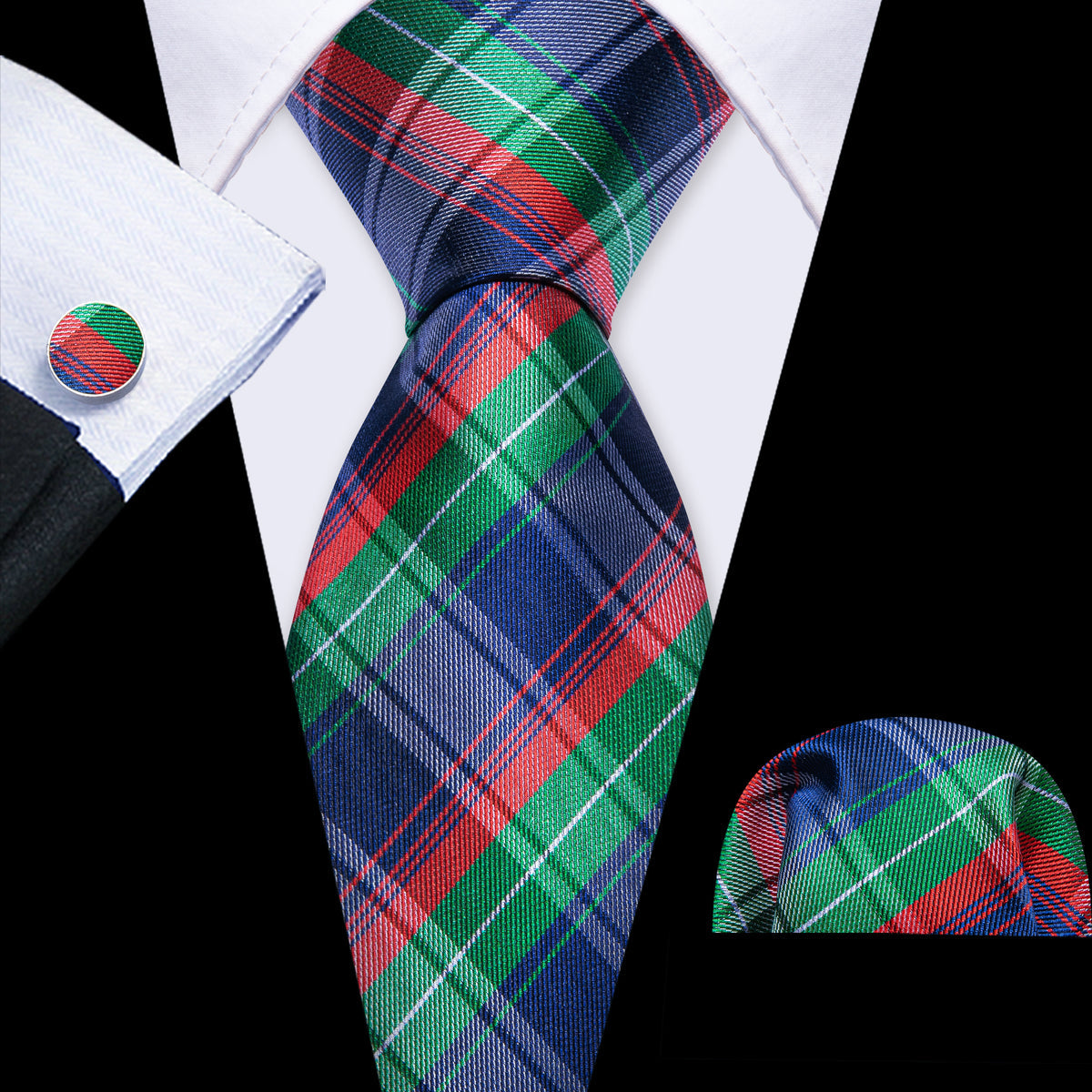 Blue Red Green Classy Plaid Tie, Pocket Square and Cufflinks Set tie sets    - Sophisticated Gentlemen