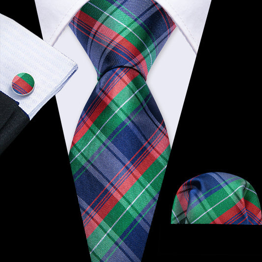 Blue Red Green Classy Plaid Tie, Pocket Square and Cufflinks Set tie sets    - Sophisticated Gentlemen