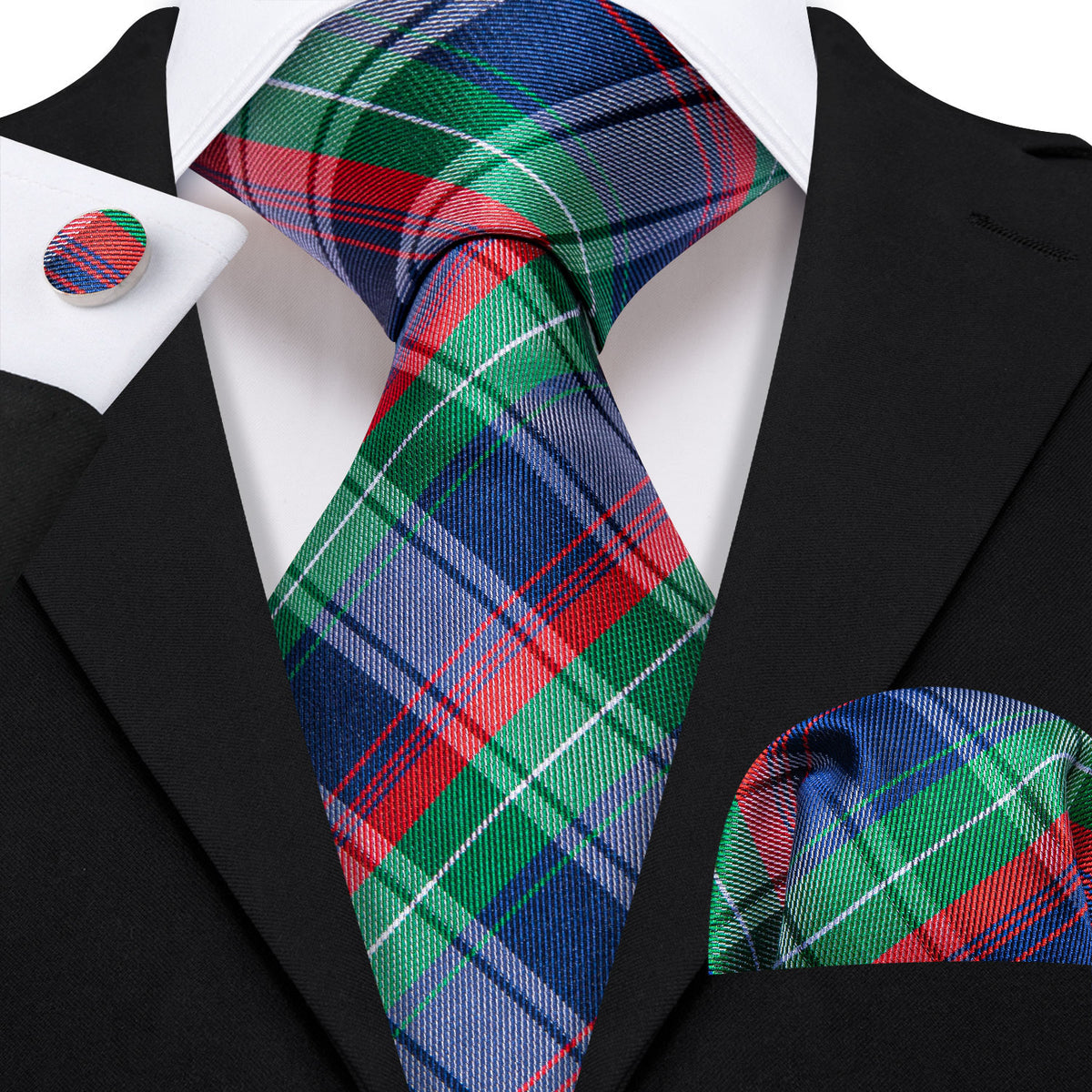 Blue Red Green Classy Plaid Tie, Pocket Square and Cufflinks Set tie sets    - Sophisticated Gentlemen