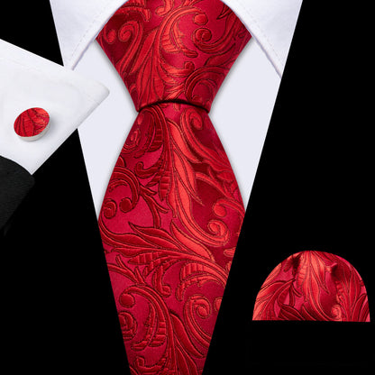 Red Floral Silk Wedding Tie, Pocket Square and Cufflinks Set tie sets    - Sophisticated Gentlemen