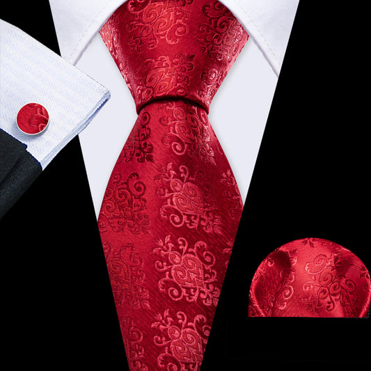 Red Novetly Floral Silk Tie, Pocket Square and Cufflinks Set tie sets    - Sophisticated Gentlemen